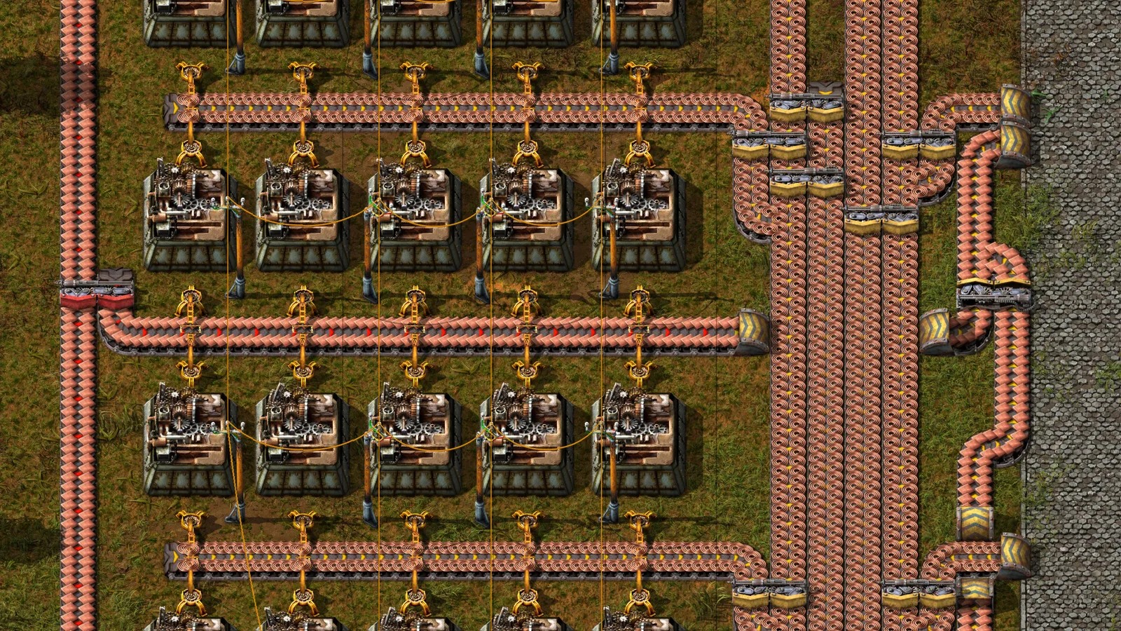 Factorio assemblers fed by branching and merging conveyor belts