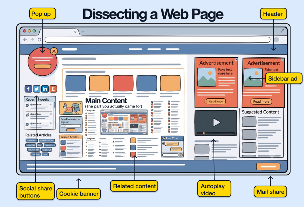 A cluttered website interface with cookie banners, modals, and promotional bars competing for attention